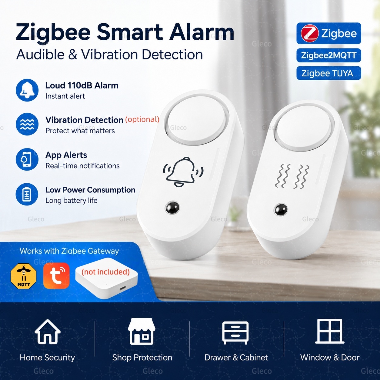 Home Security Options - Zigbee-Sirenenalarm 110dB mit optionalem Vibrationssensor, TUYA